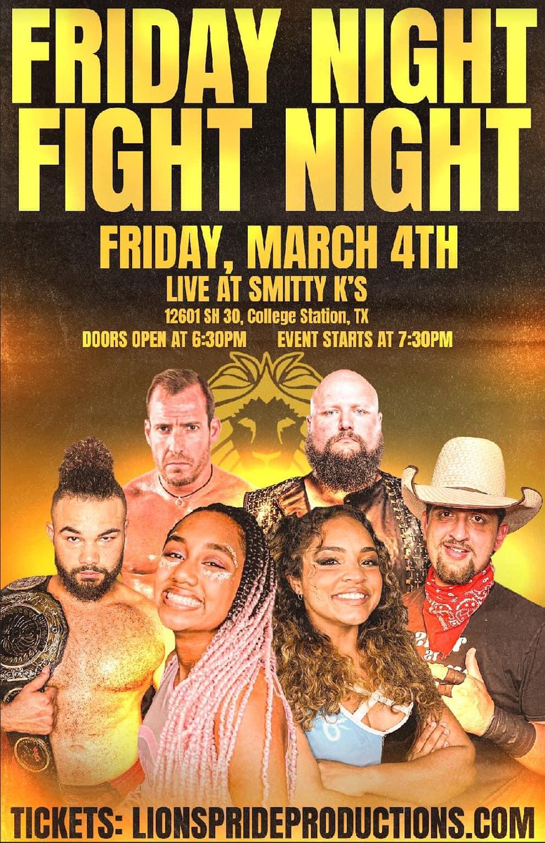 LionsPrideTX's tweet photo. ⚠️ We have one more stop before #FightToUnite at Edible Field! ⚠️
FRIDAY, MARCH 4:
Lions Pride Sports returns to @smitty_ks for FRIDAY NIGHT FIGHT NIGHT!
Matches TBA but tickets already available at https://t.co/39teWpJCRG!
#LPSFightNight https://t.co/6p4tL18oVy