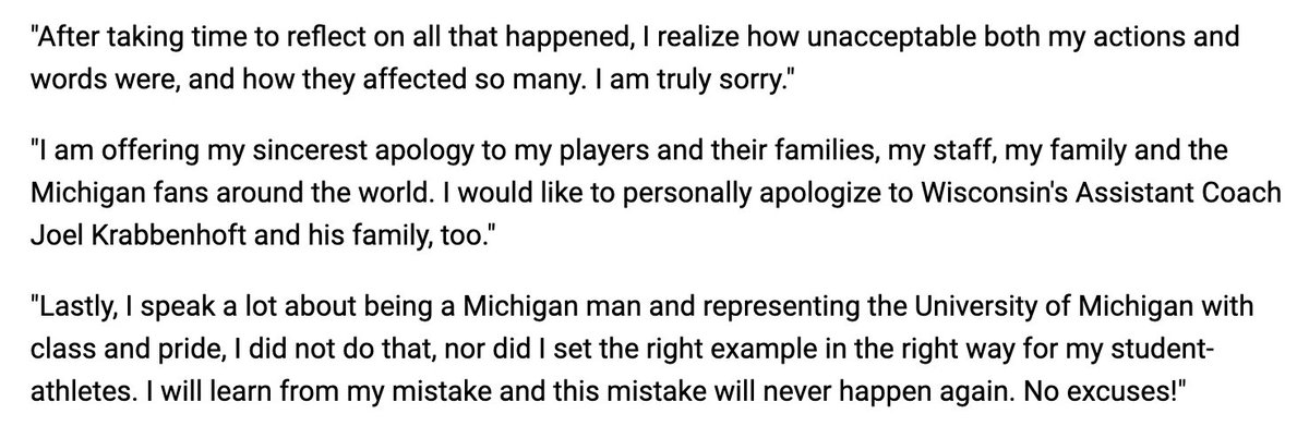 Juwan Howard releases a statement apologizing for his actions in the altercation after Michigan's game against Wisconsin.