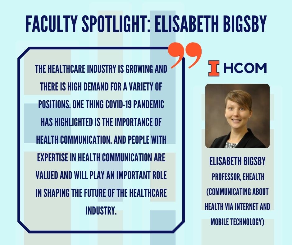 hcomatillinois's tweet photo. We are excited to share our first faculty spotlight of the semester: Elisabeth Bigsby! This semester, Professor Bigsby teaches eHealth and is working on several research projects. Read more about our faculty spotlight at the following link: https://t.co/fKhsjuwwIE https://t.co/zKePLZApNJ