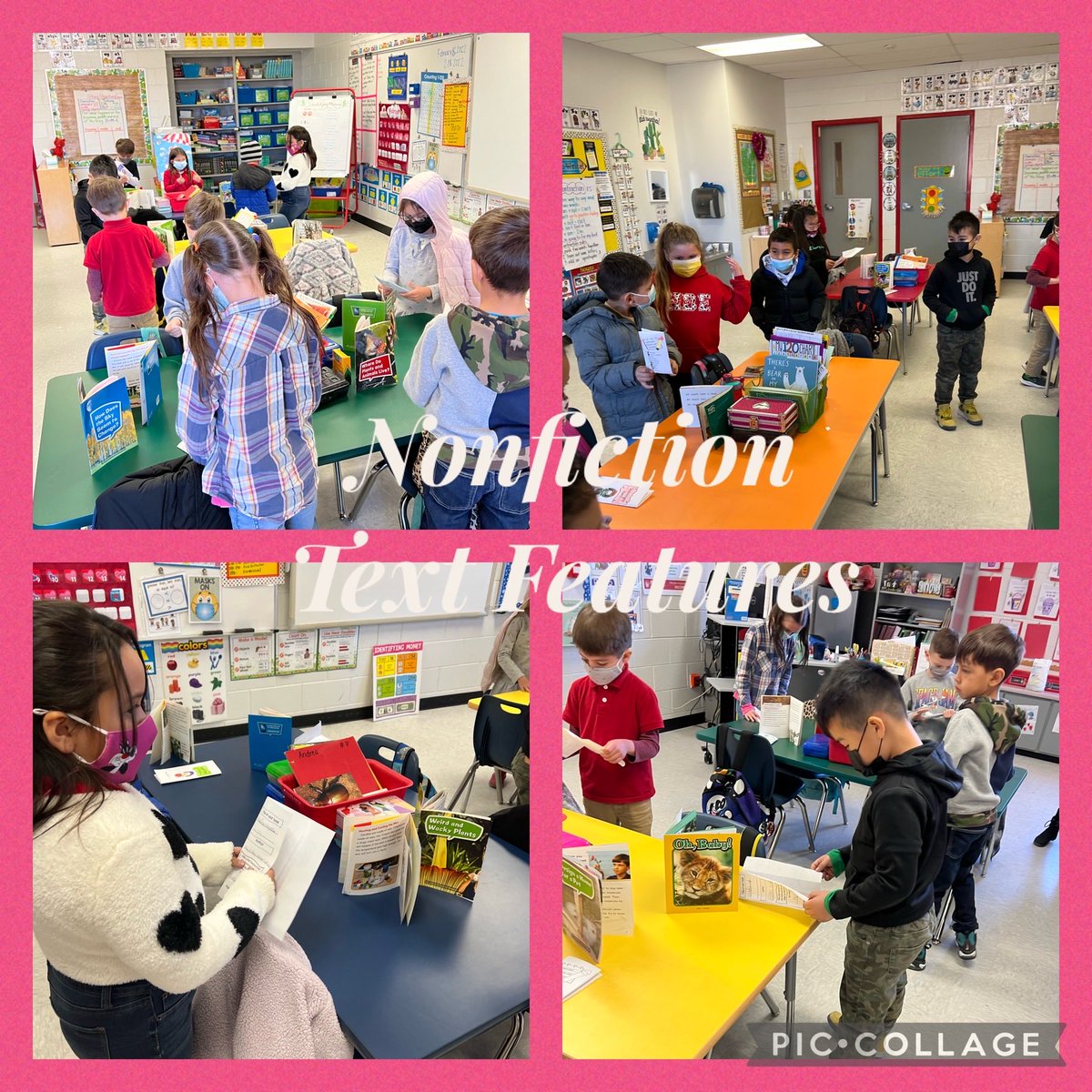 First graders  participating in peer gallery walk to observe nonfiction text features. 📚☺️ #readersbecomeleaders ⁦@HBall_ES⁩ ⁦@ARamirez__HBES⁩ ⁦@asper_HBES⁩