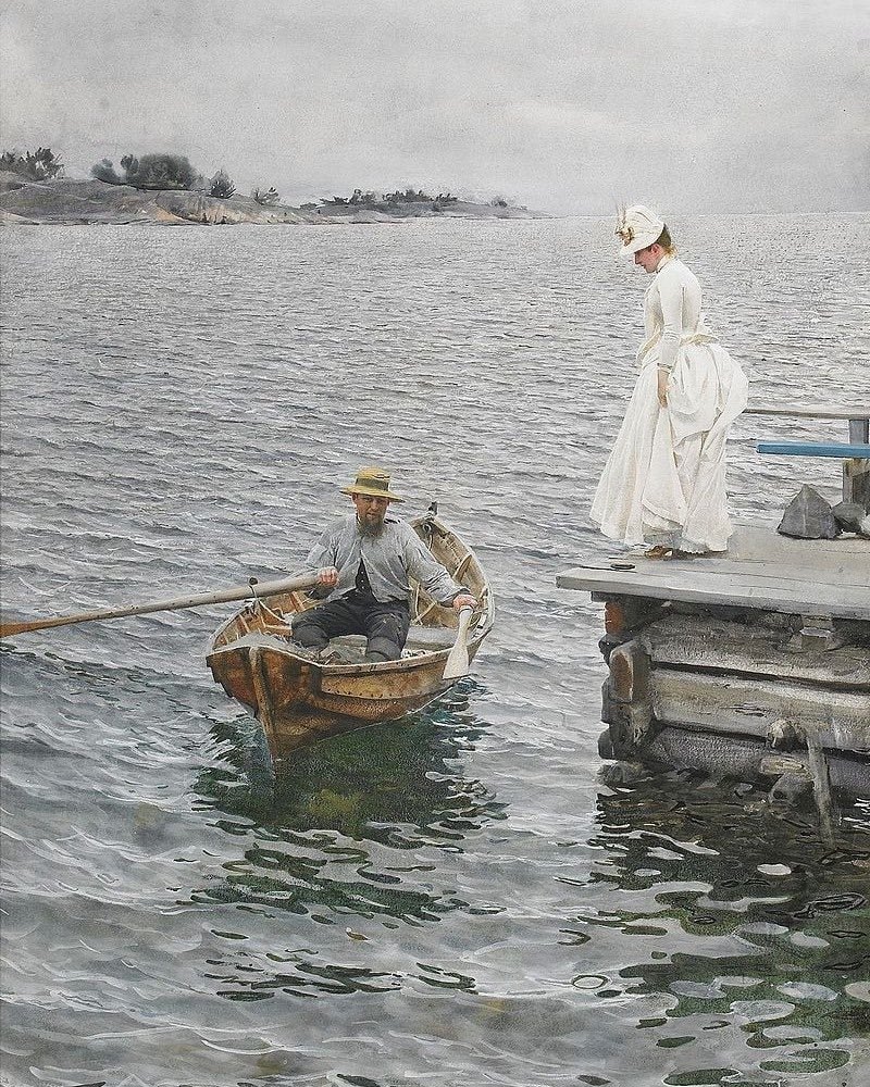 Esta no es una fotografía, es una pintura de acuarela llamada Sommarnöje (Placer de verano), realizada en 1886 por Anders Zorn, pintor impresionista, escultor y grabador sueco. Se vendió en 2010 por la cantidad de 3.35 millones de dólares.