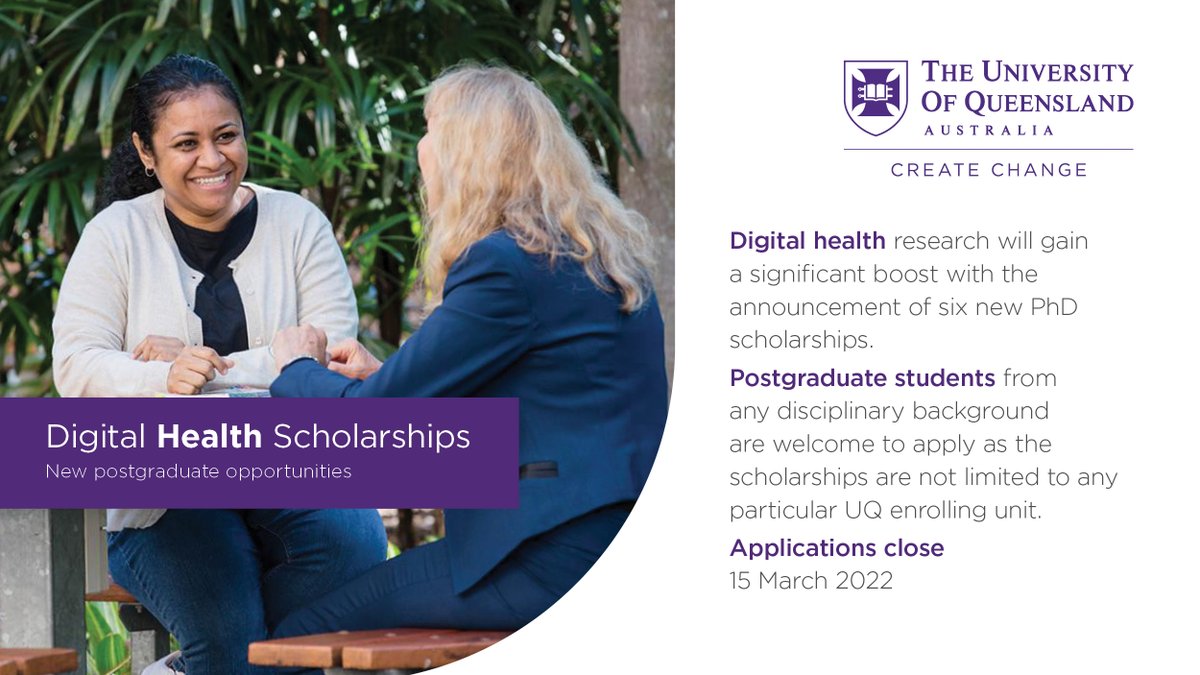 Digital health research stands to gain from six new PhD #scholarships coordinated by @UQMedicine and @qldhealth. @clairsullivan23 @BronwynHarch @KarenMoritz2 @gjmccoll
