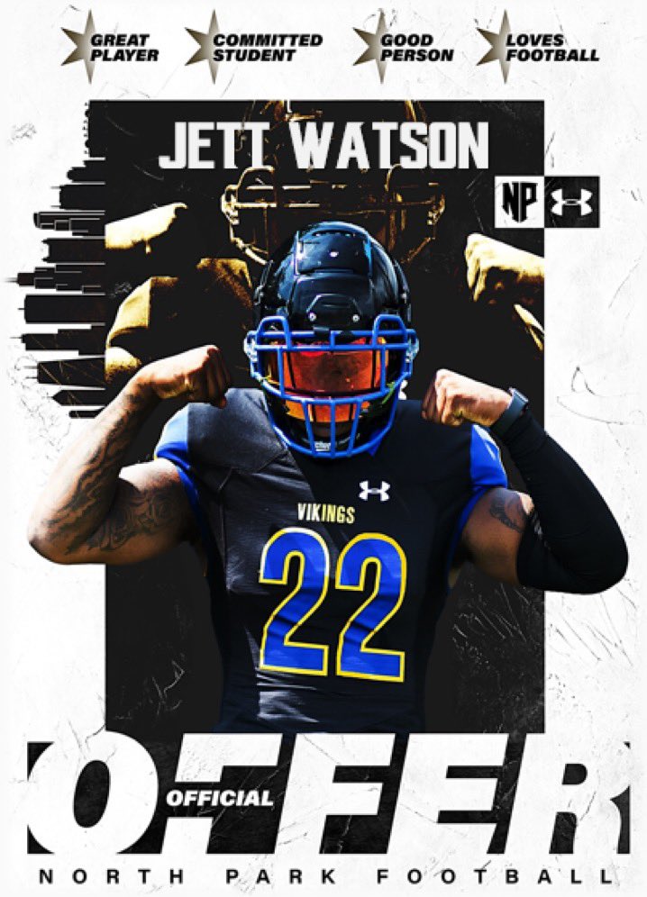 After a talk with <a href="/CoachFantuzzi/">Jeff Fantuzzi</a> and <a href="/CoachRook/">Kyle Rooker</a>, I am proud to say I have received an offer from <a href="/NPUFootball/">North Park Football</a>       #TheRightWay 🔵⚫️⚪️