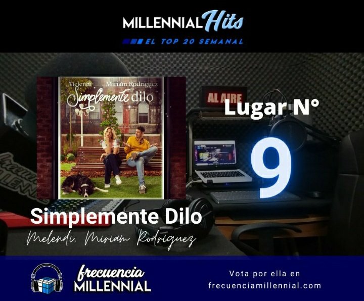 MiriamRPy's tweet photo. Está semana #SimplementeDilo de @MelendiOficial y @miriamrmusic_ se ubica en el puesto 9 del Top20 semanal de @FmMillennial https://t.co/wai2y6W9ew