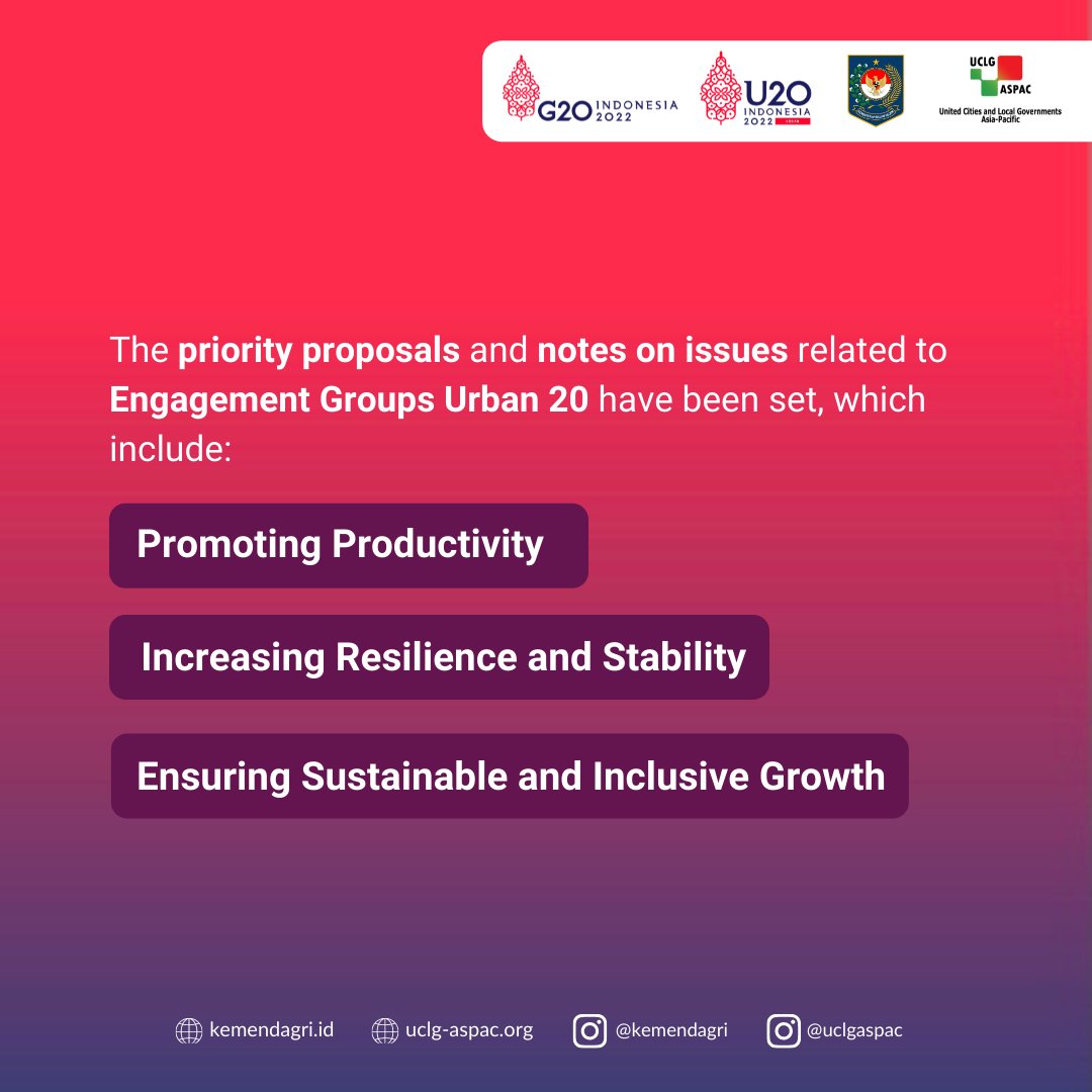 uclgaspac's tweet photo. Are you ready for the next U20 in Indonesia?!🔥
Let’s take a look what has been prioritised in the next U20✨!
#Insight4Leader
#4BetterLocal
#Urban20
#G20Indonesia2022
#RecoveryTogetherRecoveryStronger https://t.co/wGjd7RzLr0