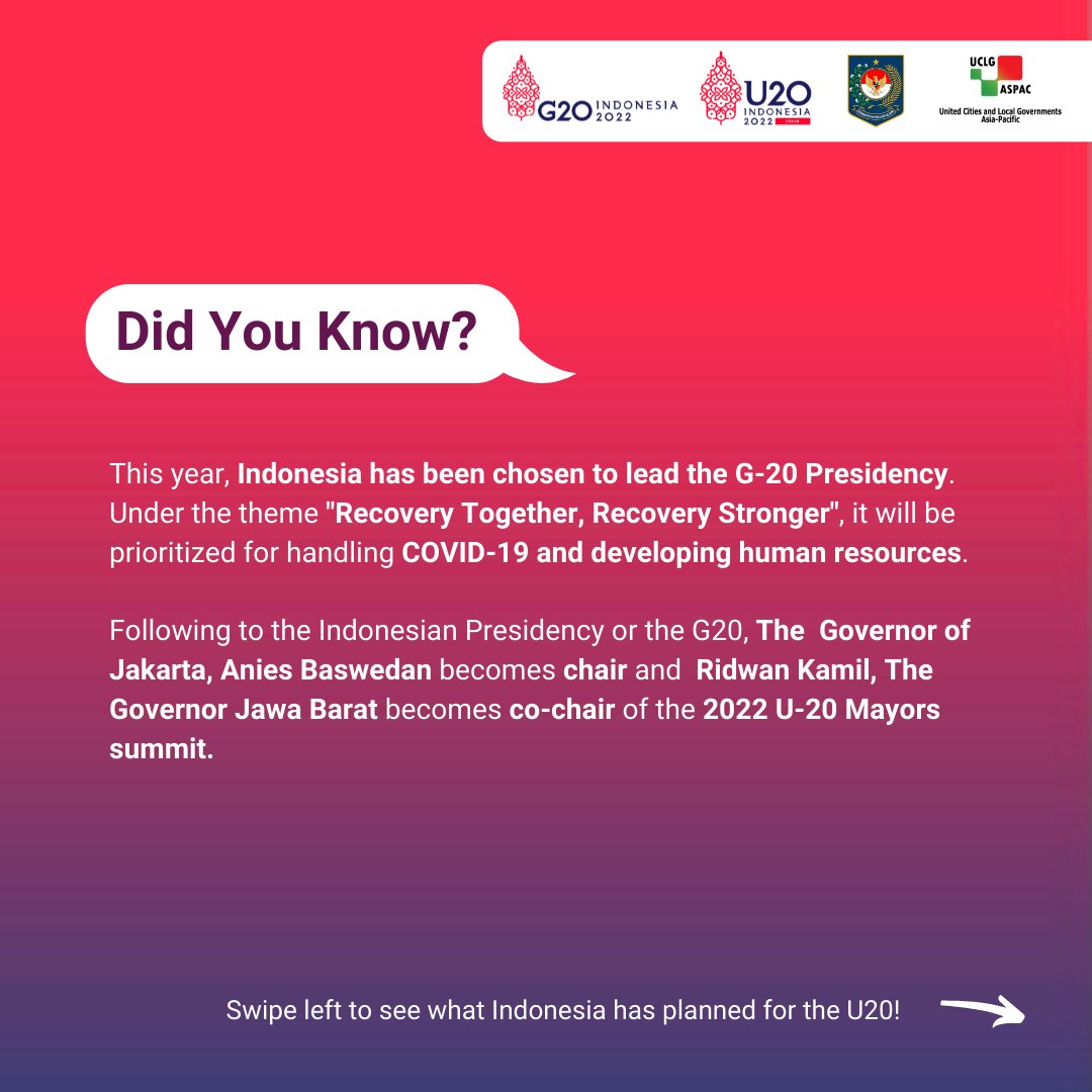 uclgaspac's tweet photo. Are you ready for the next U20 in Indonesia?!🔥
Let’s take a look what has been prioritised in the next U20✨!
#Insight4Leader
#4BetterLocal
#Urban20
#G20Indonesia2022
#RecoveryTogetherRecoveryStronger https://t.co/wGjd7RzLr0
