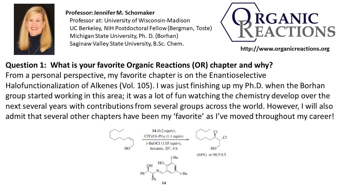 Professor Jennifer Schomaker shares one (of many!) favorite OR chapters about asymmetric halofunctionalization of alkenes towards desirable products including chiral heterocycles, synthetic building blocks, and key intermediates in route to NPs. Read: onlinelibrary.wiley.com/doi/10.1002/04…