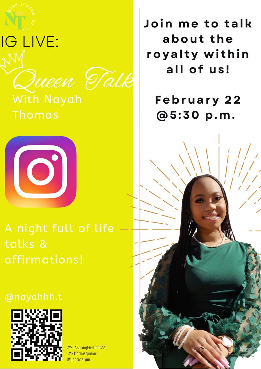 nayahhh_t's tweet image. Join me, Nayah Thomas for a night of releasing the inner kings abs queens within us all with my Queen Talk on IG live. Tune in Tuesday @ 5:30 p.m. for an evening of empowerment and conversation! 👑😌
#SGASpringElections22 #upgradeyou #NTformissjunior