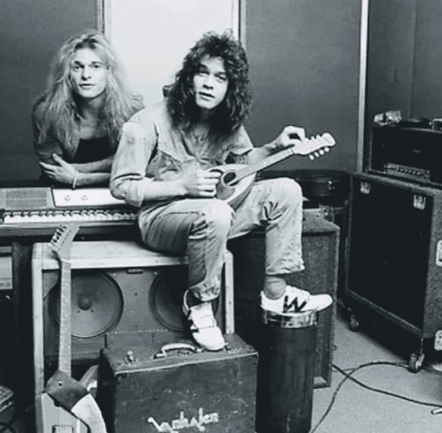 David Lee Roth and Eddie Van Halen in the studio, 1980.