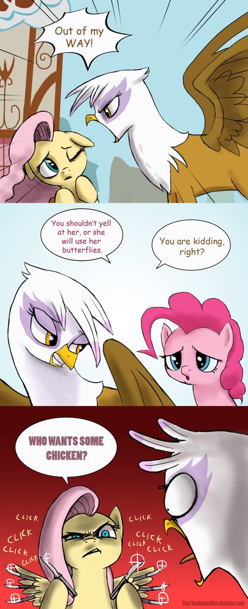 You don't want to be caught messing around with Fluttershy. She'll get you.
Artwork is an old one from the DoubleWBrothers!
doublewbrothers.deviantart.com/art/Griffons-b…
#mlp #fanart #art