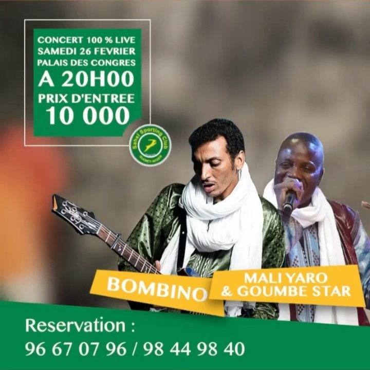 J-4 avant La GRANDE SOIRÉE #SSC !

📅 SAM. 26 FÉVRIER 2022
➡️ Concert <a href="/BombinoOfficial/">Bombino</a> &amp; #Mali Yaro
📍 Palais Des Congres De Niamey
⏱ 20H
🎫 10000 F CFA

Un événement à ne pas rater ! 🎼🎶

𝗥𝗲́𝘀𝗲𝗿𝘃𝗮𝘁𝗶𝗼𝗻 : 96670796/98449840

🟢 #SahelToujoursSuperbe 🟡
#Niger #culture