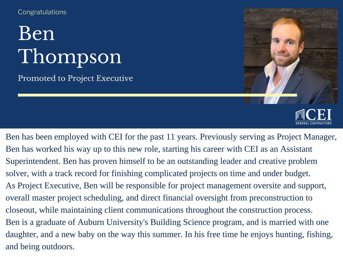 CEI79143422's tweet photo. We are pleased to share the recent promotions of three of our esteemed colleagues. Join us in congratulating each of them on their new roles with CEI!
#teamCEI #awardwinning #Nashvillebuilders https://t.co/CeBlgfpsKJ