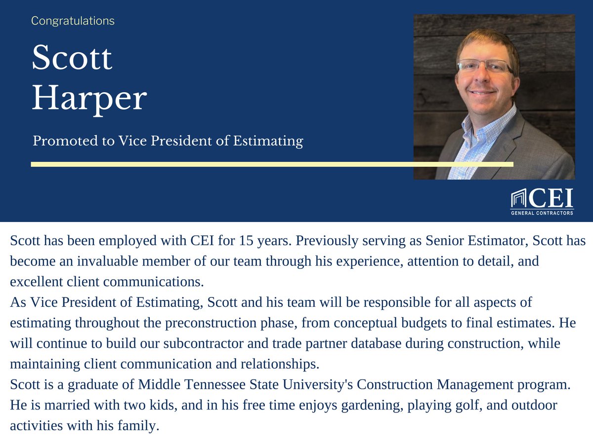 CEI79143422's tweet photo. We are pleased to share the recent promotions of three of our esteemed colleagues. Join us in congratulating each of them on their new roles with CEI!
#teamCEI #awardwinning #Nashvillebuilders https://t.co/CeBlgfpsKJ