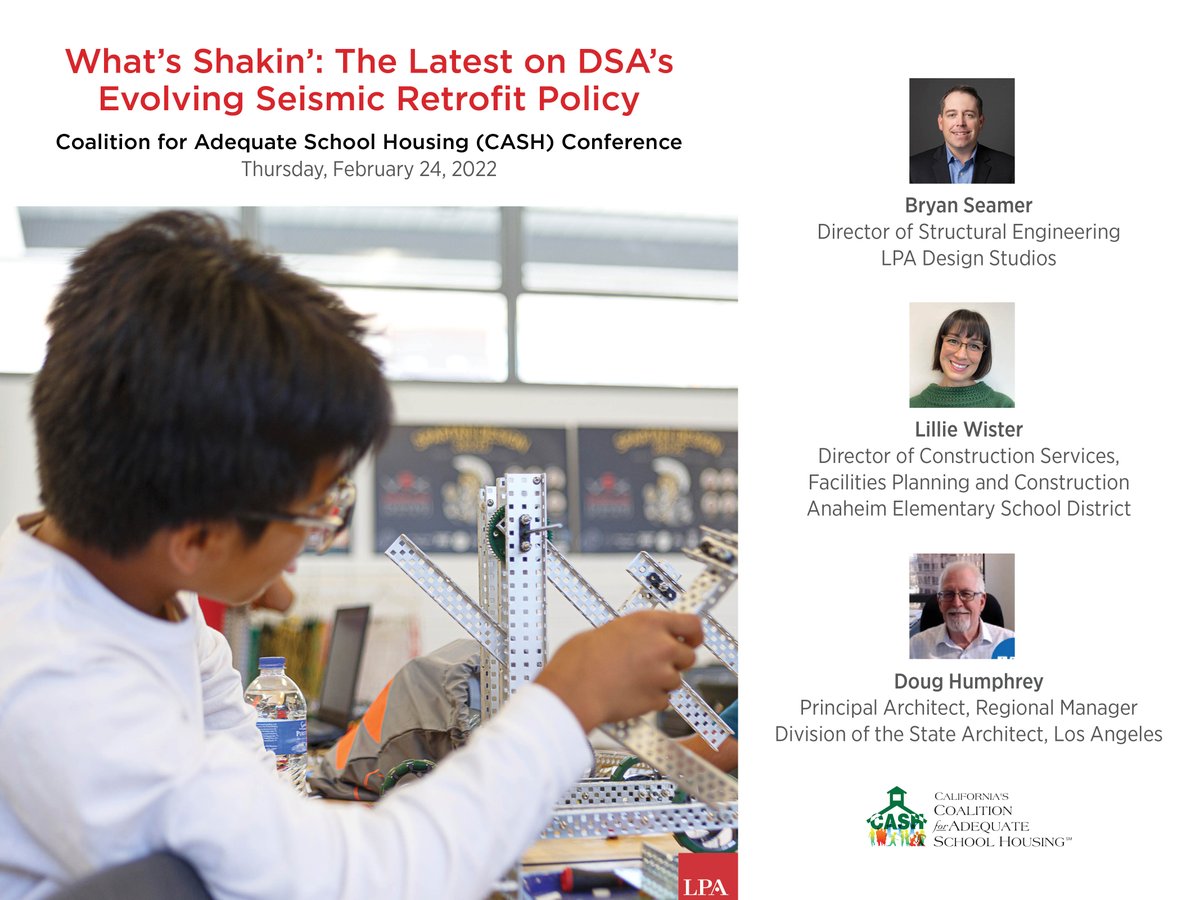 Don’t miss Bryan Seamer’s panel at this week’s <a href="/CASHFacilities/">CASHSchoolFacilities</a> Housing Conference. bit.ly/3v1BYuJ

#ChangingLivesbyDesign #seismic #structuralengineering #CASHConference #CASH2022 #CoalitionforAdequeteSchoolHousing