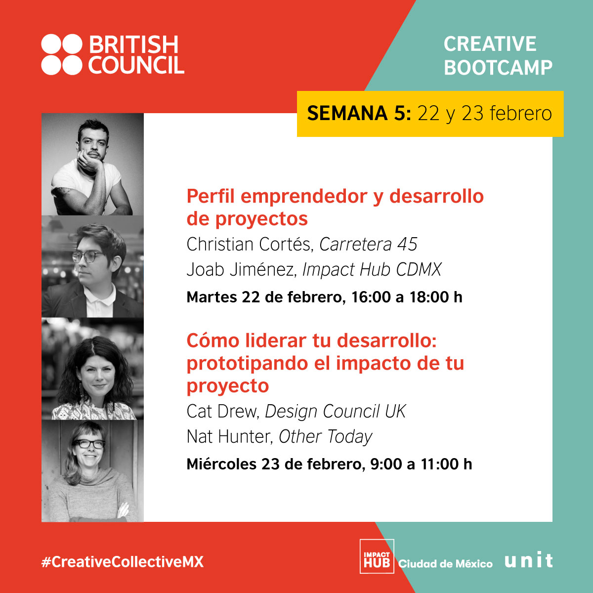 mxbritish's tweet photo. 🧑🎨 Finaliza #CreativeBootcamp con dos conferencias de libre acceso. ¡No te las pierdas!
Perfil emprendedor y desarrollo de proyecto
📅 Feb22 🕰 16H
Finanzas para emprender: gestionando recursos y entendiendo los números
📅 Feb23 🕰 9H
Zoom 👉 https://t.co/uuqi0eiVrC https://t.co/OoCnHpDaNE