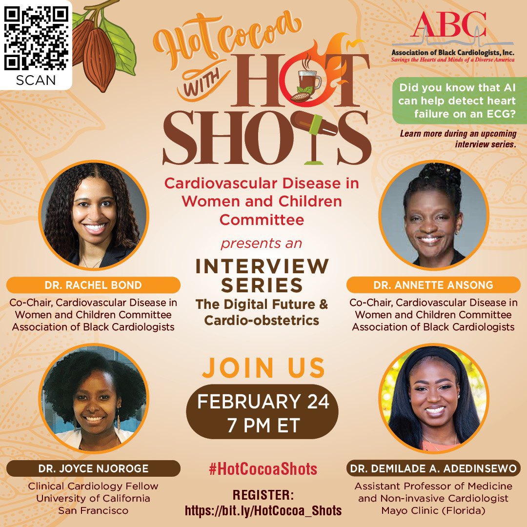 Join us @ABCardio1 on Thursday with @DemiladeMD @VoiceOfDrJoyce @DrRachelMBond Register bit.ly/HotCocoa_Shots #ABCardio4Moms #WeAreTheFaces #ArtificialIntelligence