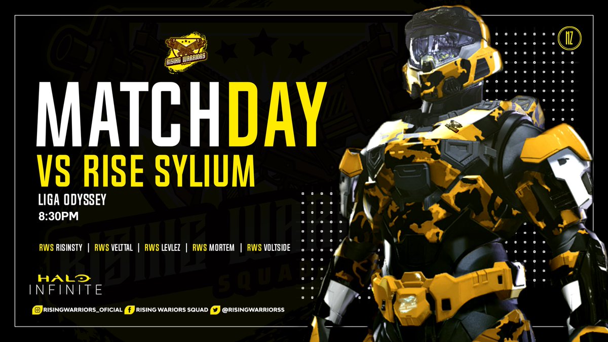 !!Match Day¡¡

Today, our team of Halo 💛 faces the @RiseSylium in the @liga_odyssey league at 8:30pm.

Roster:
<a href="/Veltal_/">Veltal</a> 💛
<a href="/MQRTEM/">Abdiel</a> 💛
<a href="/Risinstyle/">Risinstyle 🇲🇽</a> 💛
<a href="/TheWarriorCesar/">TheWarriorCesar</a> 💛
<a href="/anconaaa_/">Mario-neta</a> 💛

Designer:@Samhz9 💛

#GoRWS 💛