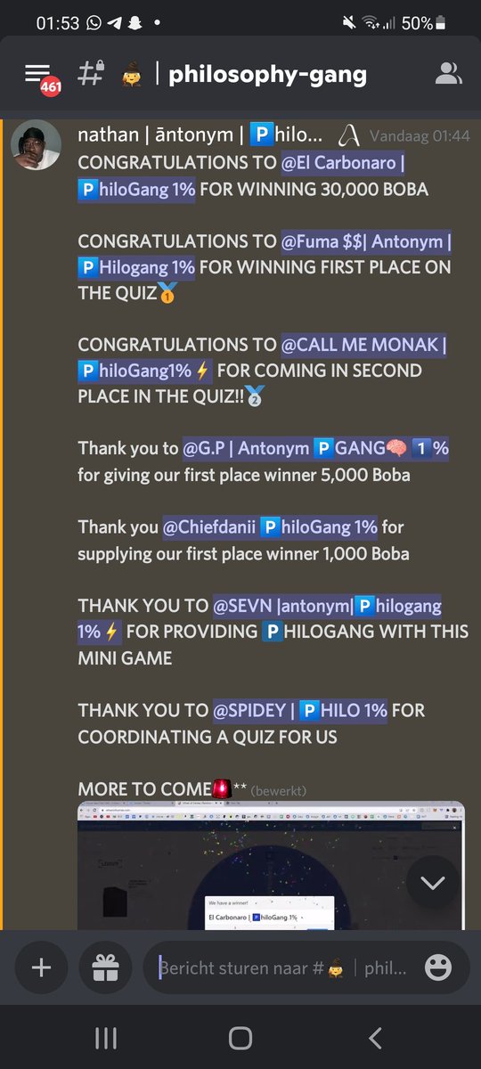 sevnrae's tweet photo. A big shout-out to @ConzePowell and @AntonymNFT i hosted my event for the 🅿️hilogang today and it was amazing!🔥❤

🔥🔥WE KEEP PUSHIN 🅿️🔥🔥

The winner was: Carbonaro |🅿️hilogang 1%|HR| congratz with the 30 k boba/high roller role!🔥

@ammtonym @Conflcts @0xreuben @tlop90nine https://t.co/GMBzvrHxQp