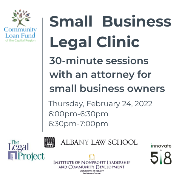 Do you have any legal questions regarding your business?

On 2/24, <a href="/CommunityLoans/">Community Loan Fund</a> will be hosting a Small Business Legal Clinic, offering free legal consultations with attorneys for people who are interested in starting or expanding a small business.

mycommunityloanfund.org/events/small-b…