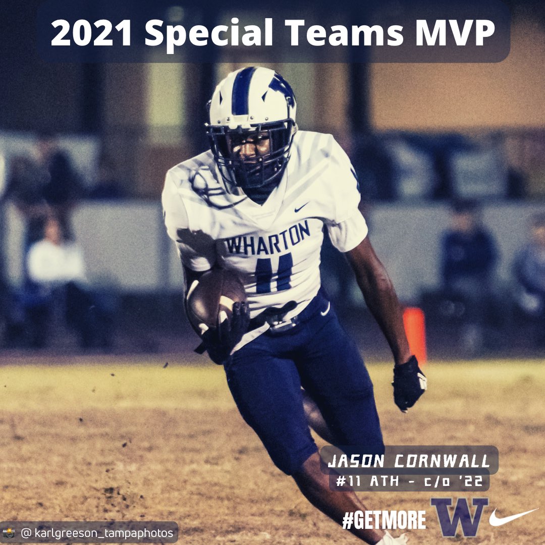 Congrats to Senior ATH Jason Cornwall (<a href="/3Cabra/">Jason Cornwall</a>) for earning Special Teams MVP for the 2021 Season‼️

Check out Jason’s highlights: hudl.com/v/2Ep8qN

#GetMore I <a href="/RecruittheW/">Wharton High School Football College Recruiting</a> 
<a href="/CoachLikeMike/">Big Mike Williams</a> <a href="/Coach_Baham/">Robert Baham Jr.</a> <a href="/WhartonBoosters/">Wharton Boosters</a>