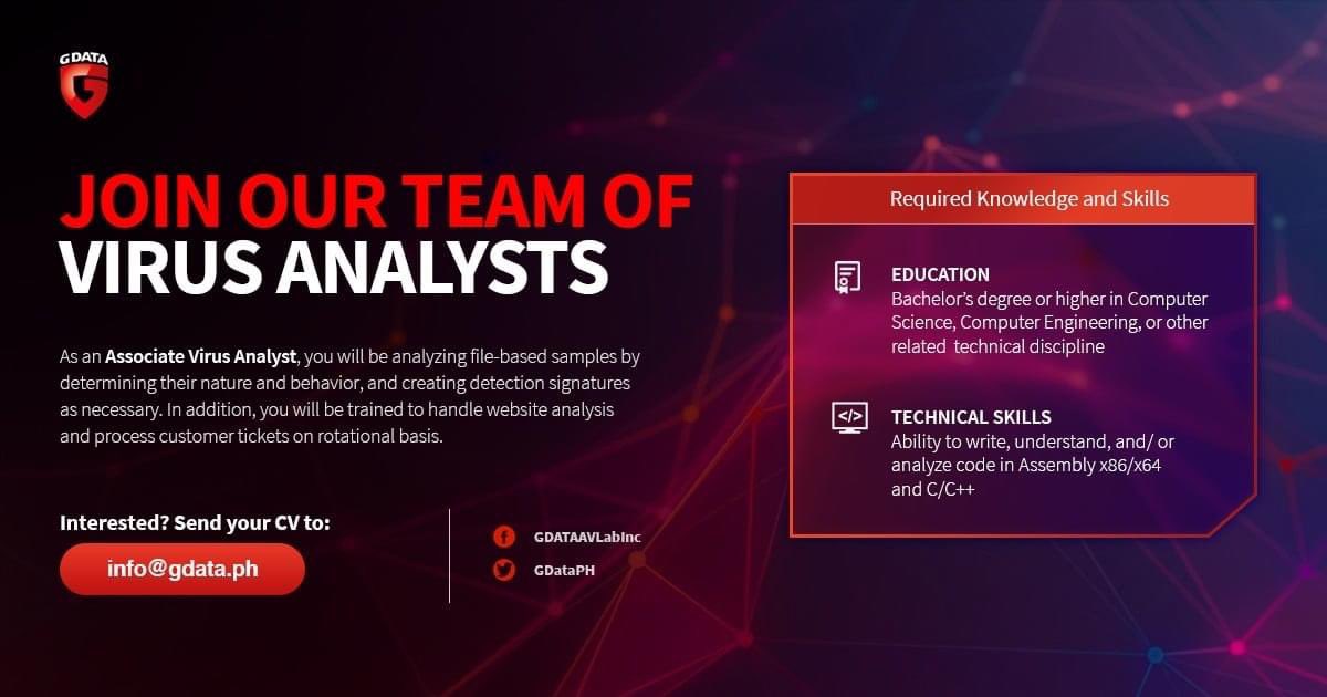 We are hiring! 

Take this opportunity to build your career in Cybersecurity through our extensive training in Reverse Engineering and Threat Analysis, active engagement in Threat Research, development of processes and tools, and participation in blog publications.