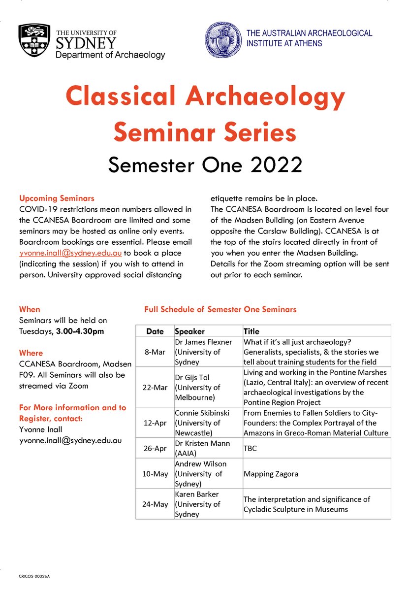 AAIASydney's tweet photo. The @UsydSOPHI Classical Archaeology Seminar Series schedule is out. Our first #seminar is on Tues 8 March. Dr James Flexner asks: "What if it’s all just archaeology? Generalists, specialists, &amp; the stories we tell about training students for the field" contact @y_inall to RSVP https://t.co/TTAfcSwVS3