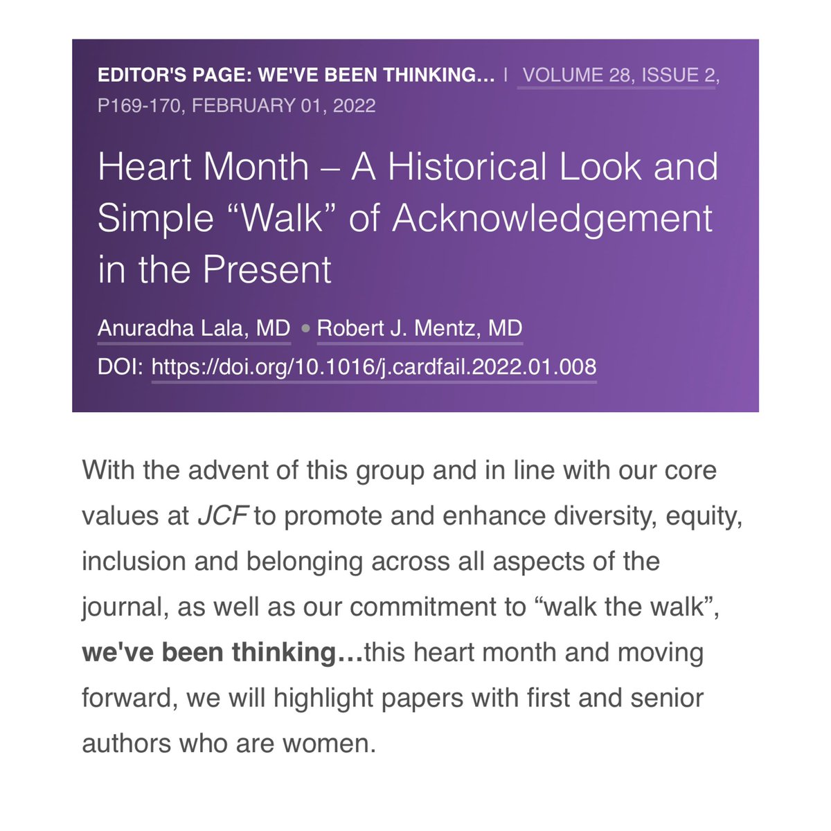 dranulala's tweet photo. Highlighting papers with 1st & senior women authors @JCardFail this #HeartMonth & every month 💃🏽
👇🏽 check out 👀 #WeveBeenThinking #EditorsPage @robmentz
https://t.co/sjLxrlsr2B
Great example below by @JenHoCardiology! 🙏🏽 @ersied727 for highlighting #WIC #WITMCS https://t.co/mFZaJtZ2e0