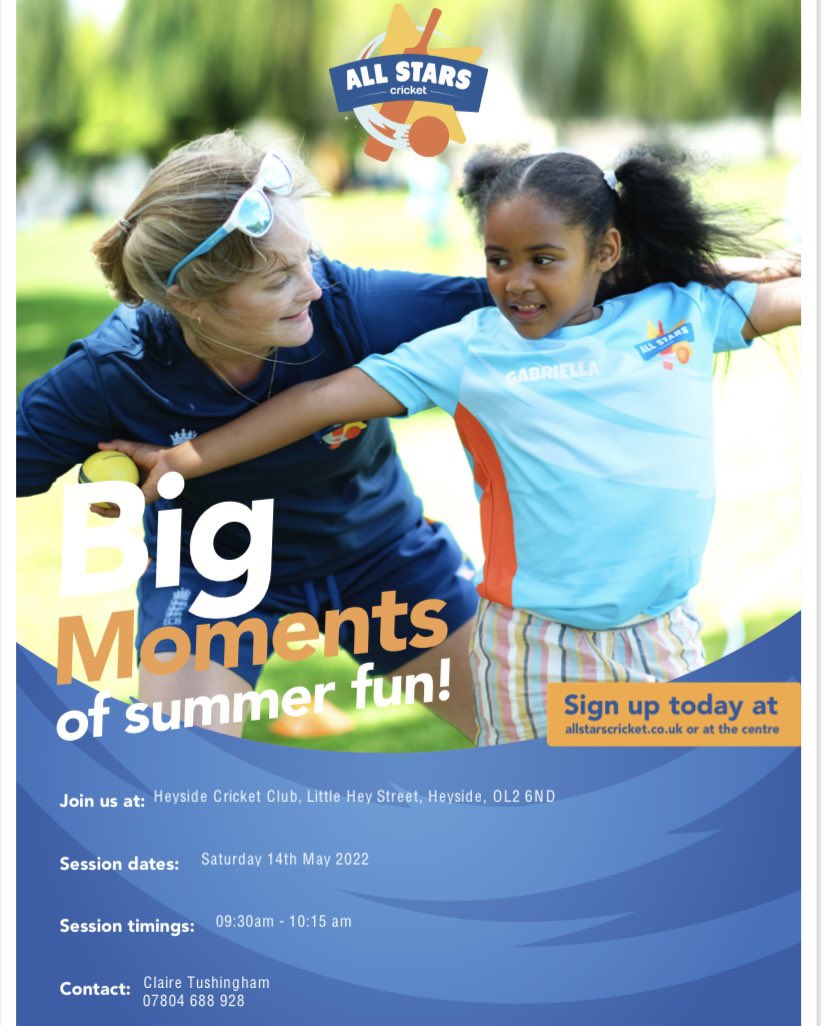 All Stars Cricket Returns! 

For boys and girls aged 5-8, 8 weeks of fun! 

Get your kids learning new skills, having fun in the outdoors, while making friends all in a safe environment! 

Sign up below: 
ecb.clubspark.uk/AllStars/Cours…

#HCC #OldhamHour #supportOldham