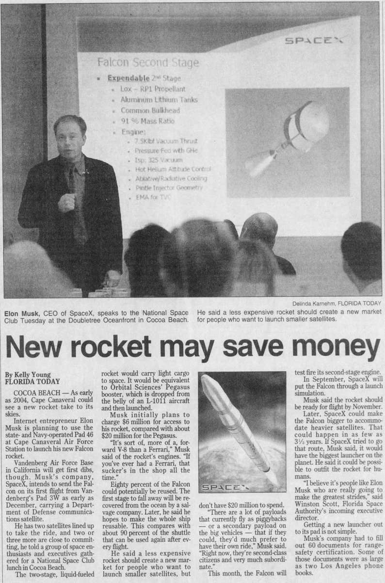 PPathole's tweet photo. Throwback to 2003, this article shows how @elonmusk &amp; SpaceX were planning to save $$$ by making rockets reusable. SpaceX have come a long way ever since. https://t.co/8bh8vENNEM