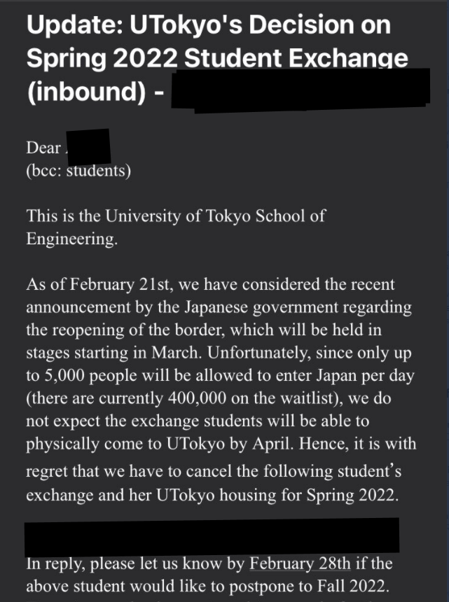 StrandedOutJPN's tweet photo. Despite the recent announcement, many exchange and research programs for the new 2022 academic year have already been canceled. The following came from a PhD student whose program at Tokyo Daigaku, originally planned for 2021, was cancelled once again. @MofaJapan_en @ItalyinJPN https://t.co/XWmPQdO5Wm