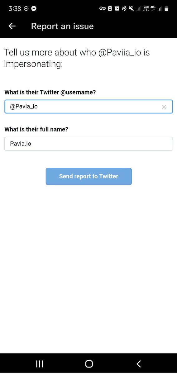 Please report this account. Report > They're pretending to be me or someone else > Someone else > Input Pavia_io and send report to Twitter
