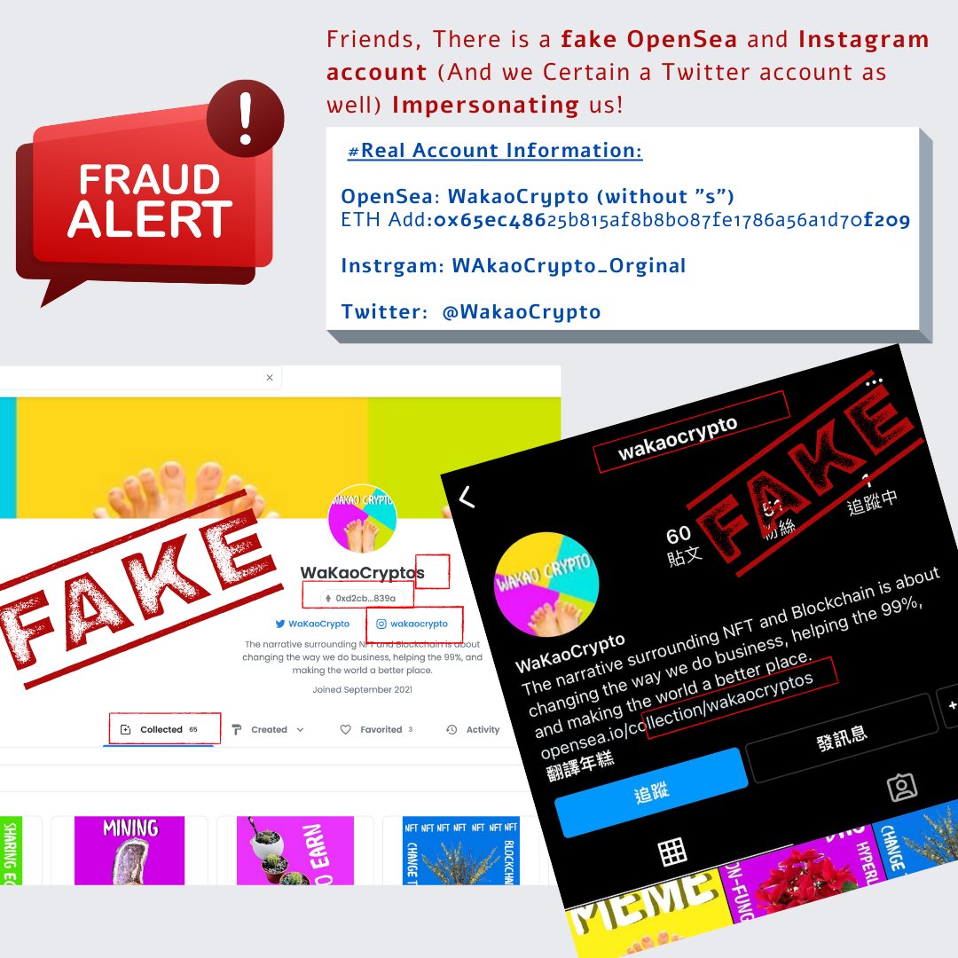 WaKaoCrypto's tweet photo. There is a SCAM going around IMPERSONATING our NFT collection ❗️

🌟Real Account Information :☀️
➡️OpenSea: WakaoCrypto (without "s") 
ETH Add: 0x65ec48......f209
https://t.co/Z6YdKkzH3E

➡️Instrgam: WAkaoCrypto_Orginal
https://t.co/UcUwO50p1X

➡️Twitter:  @WaKaoCrypto 

#NFTs https://t.co/8j7s1D0Ral