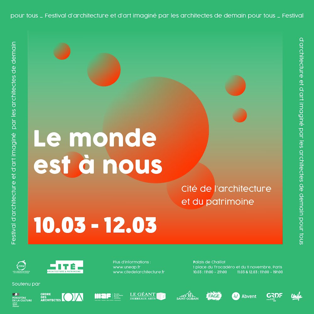 👉 Ouverture de la billetterie (gratuite pour les jeunes) de notre événement Le monde est à nous 🎈 

Un #festival d’ #architecture et d’ #art imaginé par les architectes de demain pour tous : nous vous attendons nombreux à la <a href="/Citedelarchi/">Cité de l'archi</a>  

S’inscrire : eventbrite.fr/e/inscription-…