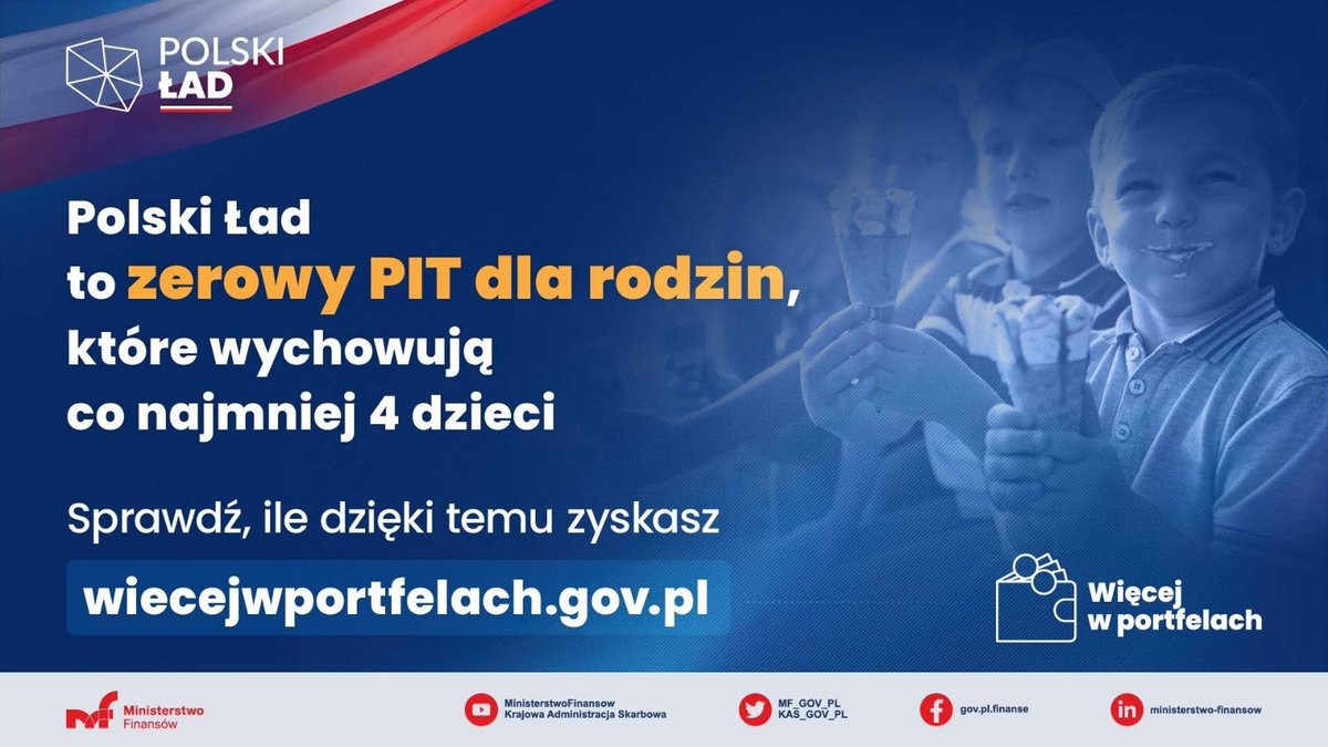 W ramach programu 🇵🇱#PolskiŁad wprowadzamy PIT-0 DLA RODZIN 4+. Oznacza to, że aż 335 mln zł zostanie w portfelach polskich rodziców. 
Sprawdź ➡️ wiecejwportfelach.gov.pl