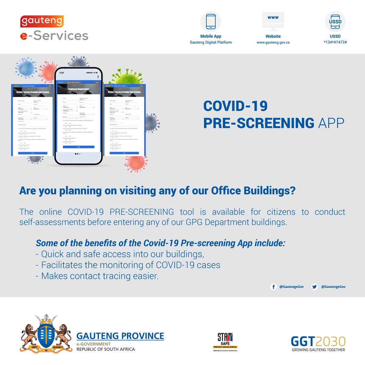 GautengeGov's tweet photo. Do you want to come to the GPG offices?

Use the #COVID19 PRE-SCREENING APP, which allows you to do a self-assessment before entering the building.

Avoid the lines and get to our offices faster.

Use this link to start your pre-screening: https://t.co/SO9Sj6vYEf

#AtYourServices https://t.co/r9AUXGdjt7