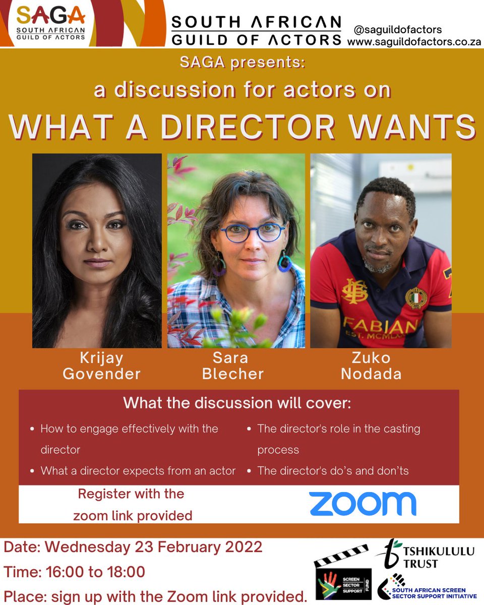 TOMORROW!
Have you ever wondered what a director expects of you on set? <a href="/SaraBlecher/">Sara Blecher</a>, Krijay Govender, and <a href="/Zukonodada/">Zuko Nodada</a>; will facilitate SAGA’s upcoming online discussion.
Sign up for the free workshop here: linktr.ee/SAguildofactors
