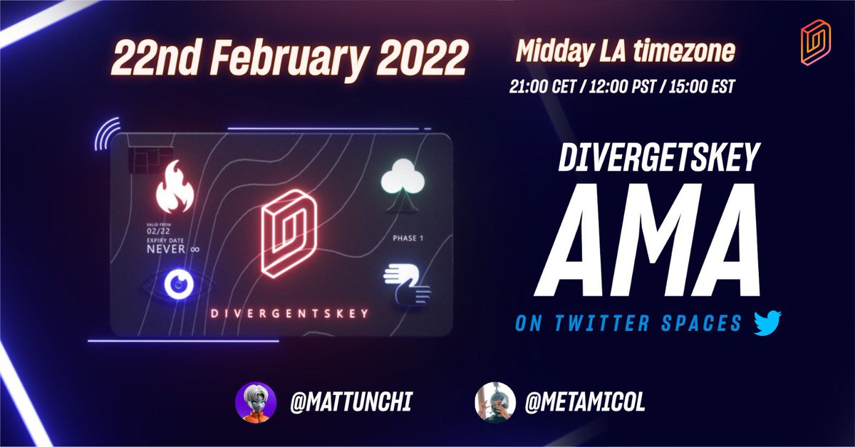 Divergents Key NFT (@divergentskey) on Twitter photo 👀 OUR FIRST AMA ever🚀
+ secret GIVEAWAY🚀
📌 Roadmap and the future will be presented.
We have a long way to go with <a href="/mattunchi/">MAD Cripto 💎🫱.og</a> 🤙🏻
Wen AMA? TODAY
with <a href="/mattunchi/">MAD Cripto 💎🫱.og</a> & @metamicol
👉🏻On Twitter Spaces
#AMA #Giveaway #NFT 👀 OUR FIRST AMA ever🚀
+ secret GIVEAWAY🚀
📌 Roadmap and the future will be presented.
We have a long way to go with <a href="/mattunchi/">MAD Cripto 💎🫱.og</a> 🤙🏻
Wen AMA? TODAY
with <a href="/mattunchi/">MAD Cripto 💎🫱.og</a> & @metamicol
👉🏻On Twitter Spaces
#AMA #Giveaway #NFT