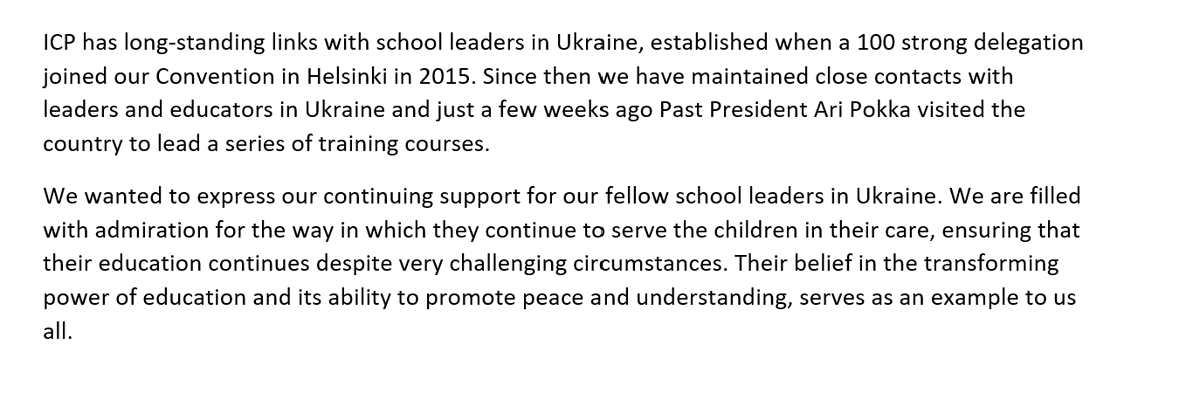 ICPConnect's tweet photo. Please share our statement of support for our fellow leaders in Ukraine @FionaForbesDUni @ASCL_UK @drkarenedge @steve_munby @LeoraCruddas @ASEPA_President @IPPN_Education @PaulByrne_NAPD https://t.co/GkCvHNzLO8