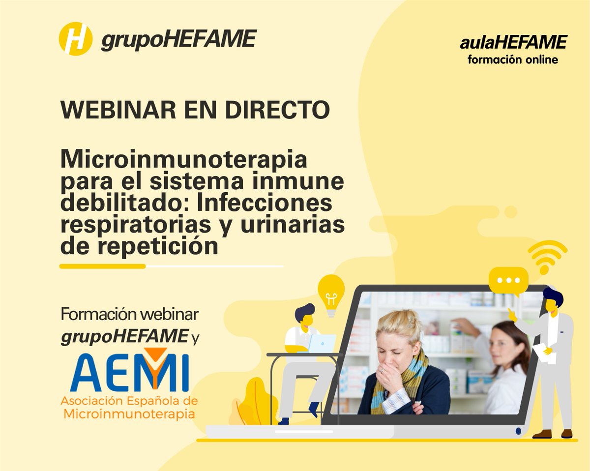 Hefame_es's tweet photo. 📙Microinmunoterapia para el sistema inmune debilitado:

Infecciones respiratorias y urinarias de repetición

#AulaHefame✏️y @AEMI_es

En directo🖥️jueves 24 de febrero🖇️15.30 h

Formación exclusiva para farmacéuticos⚕️

Reserva tu plaza ya📲https://t.co/X5XkVMyVeX

¡Te esperamos! https://t.co/4VBD68Ejfz