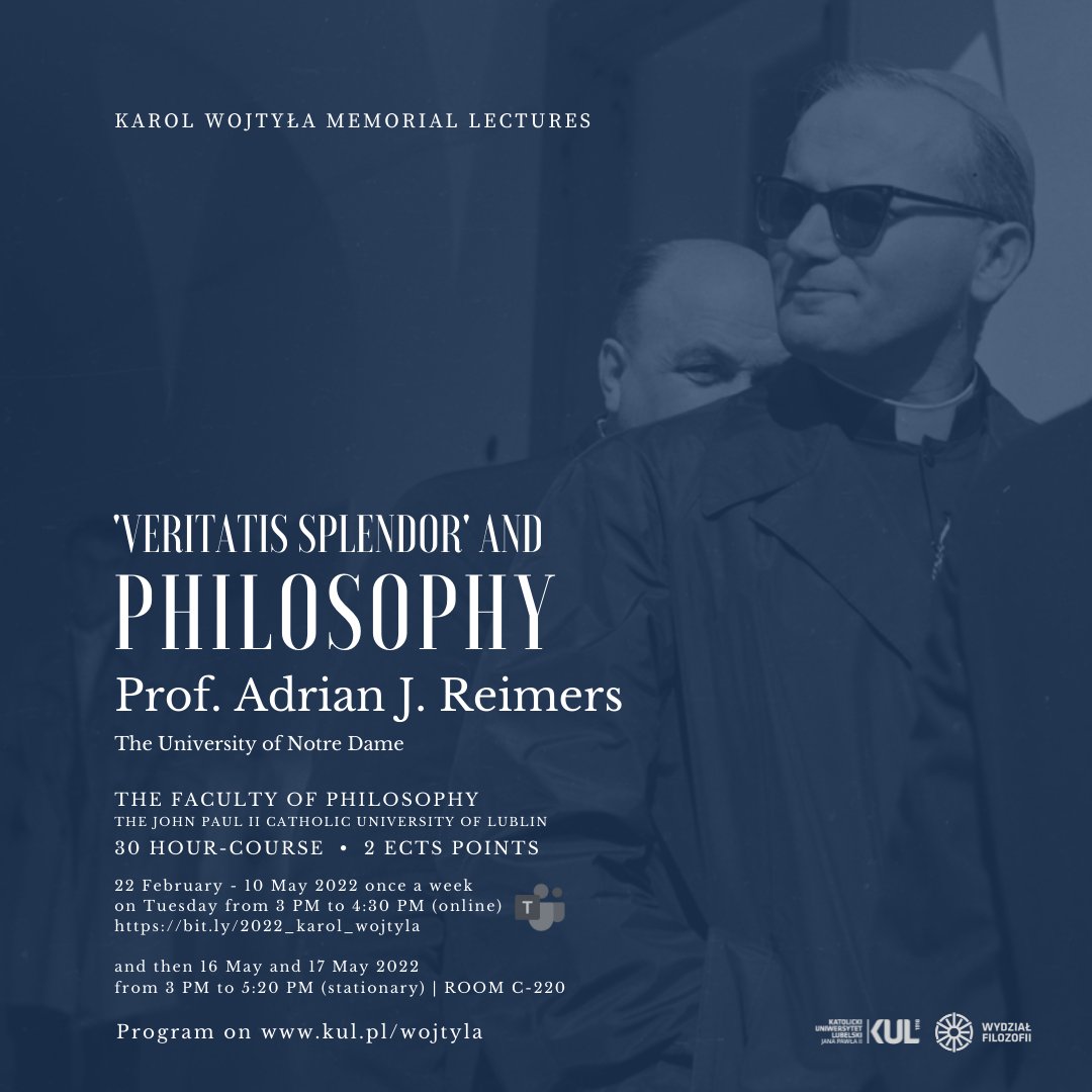 FilozofiaKUL's tweet photo. Zapraszamy na serię wykładów z cyklu Karol Wojtyła Memorial Lectures. Tegoroczną edycję poprowadzi Prof. Adrian J. Reimers z The University of Notre Dame. Pierwszy wykład już dziś o godz. 15.00 https://t.co/sCtKSsOBwi. 
Więcej informacji na: https://t.co/VQwOkjCJGE. https://t.co/h76onFuU2R