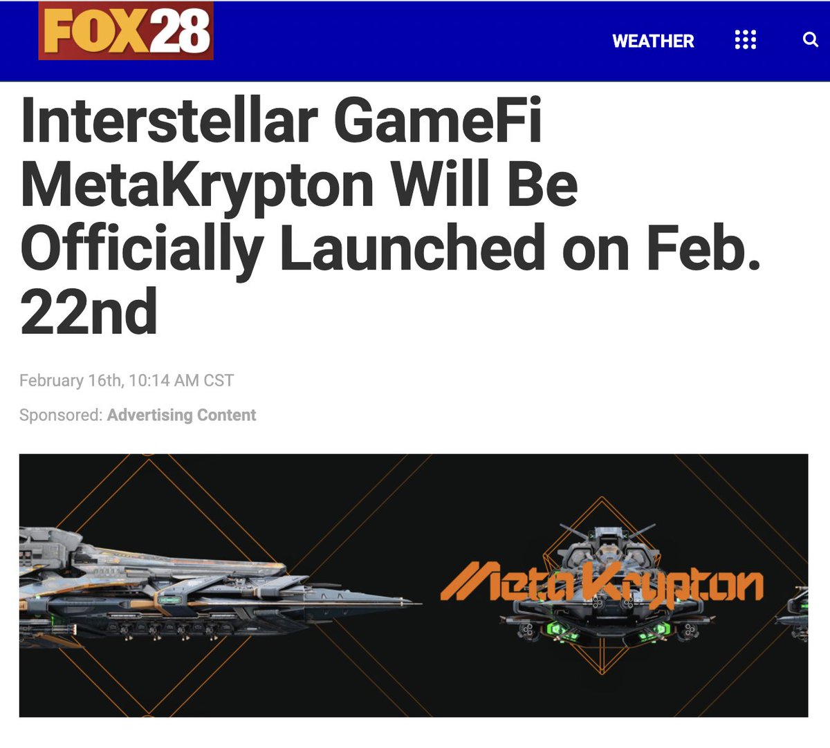 MetaKrypton's tweet photo. 🧡Many thanks to FOX 28 for reporting article about #MetaKrypton.
🚀MetaKrypton game based on $META-eco is about to launch mainnet today! 👨🚀
⬇️For anyone who wants to know about the game, check out the article
https://t.co/9bKnrjJo70 https://t.co/UO8Xu69Z3e