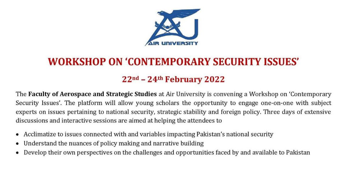 AyeshaR12463817's tweet image. Workshop on ‘contemporary security issues’ taking place at Air university 
#University 
#workshop
#FASSS