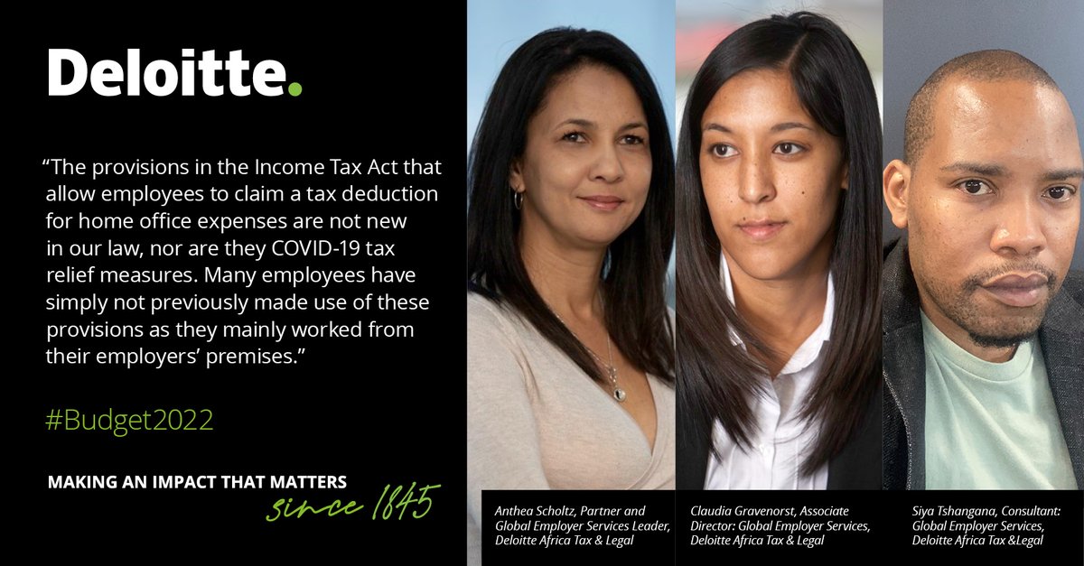 DeloitteSA's tweet image. In this article, @AntheaScholtz1, @CGravenorst &amp;amp; #SiyaTshangana, provide a brief overview of the requirements that need to be met by salaried employees to qualify for a tax deduction for home office expenses. #Budget2022 #navigateuncertainty deloi.tt/3L9a8lF