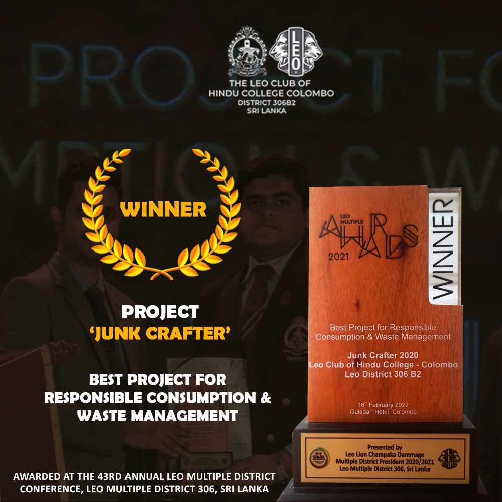 leosofhcc's tweet photo. 'Junk Crafter', the project initiated by the Hindu Leos in the vision of changing recyclable wastes into innovative crafts, was awarded as the best project at the 43rd Leo Multiple District Conference in the category 'Responsible Consumption &amp; Waste Management. #leosofsrilanka https://t.co/9Zb9qfFwRF