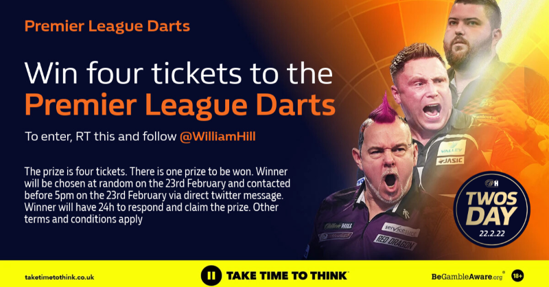 WilliamHill's tweet photo. It’s #TWOSDAY so we’re giving away 22 tickets.

For a chance to win a set of 4 tickets to the Premier League Darts in Brighton on 10th March:

Follow @WilliamHill
RT this post

The prize draw will run from 4pm on 22nd February until 12:00am on 23rd February.

18+ | Terms apply