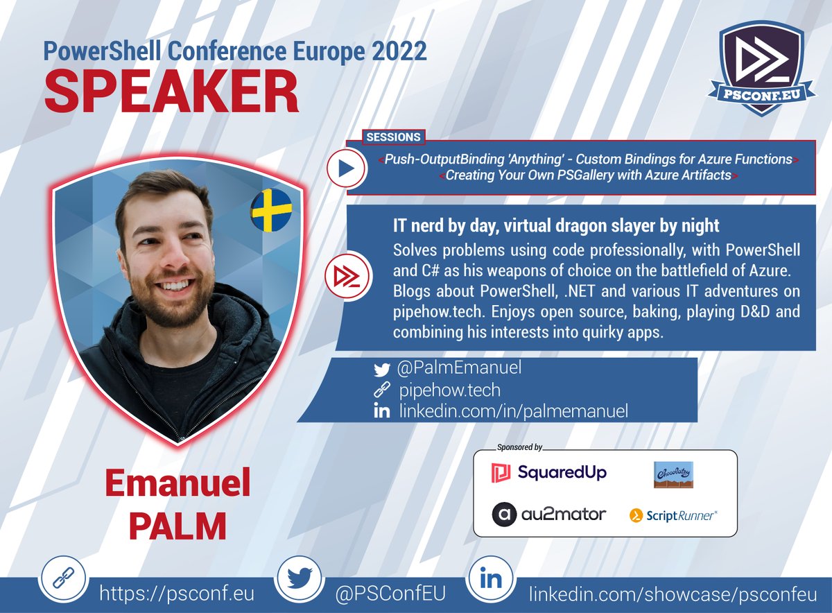 "IT nerd by day, virtual dragon slayer by night"

Yesss!! Nu är även <a href="/PalmEmanuel/">Emanuel Palm</a> bekräftad som talare på årets PowerShell Conference i Österrike. 🤘 #psconf