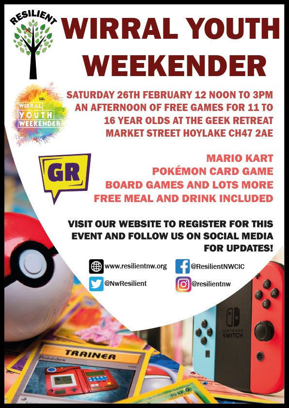 We still have spaces left for our Games afternoon at the Geek Retreat Wirral this Saturday afternoon for 11 to 16 year olds. Pick up some gaming tips, play Pokemon cards and grab a bite to eat all for free!

Sign up here bit.ly/wyw5-signup

#wirralyouthweekender