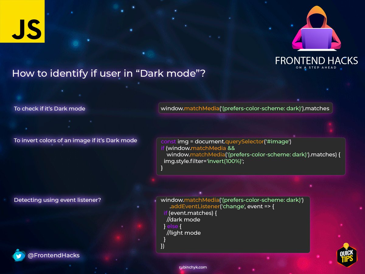 FrontendHacks's tweet image. How to identify if the user in Dark mode? #javascript #browser #FrontEnd