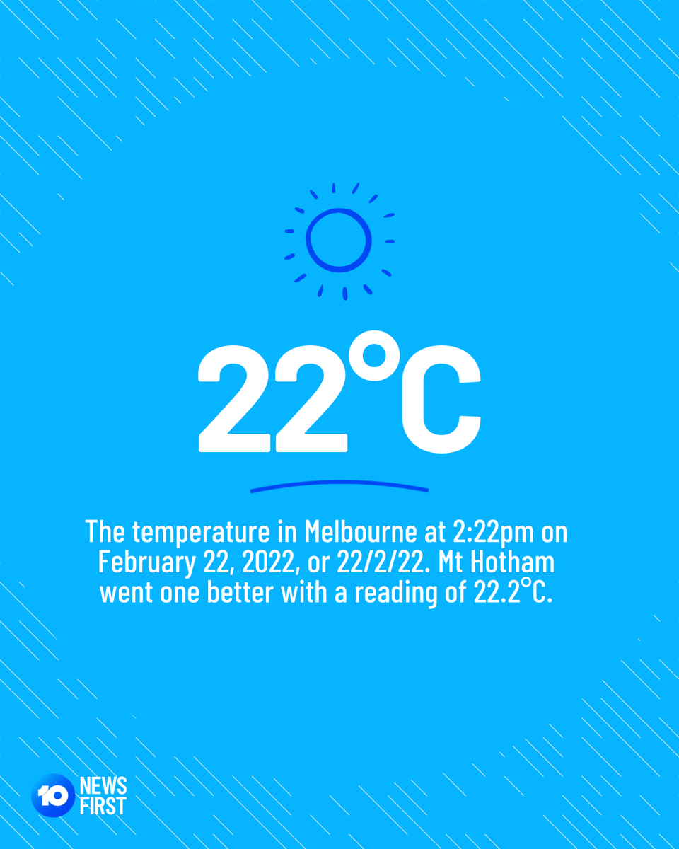10NewsMelb's tweet photo. Of course, it had to happen in Melbourne! 🌡️

The city has marked Twos-Day - or 22/2/22 - by hitting a temperature of 22°C at 2:22pm. 

We were joined by Ballarat, Bairnsdale, Gabo Island, Mortlake and a number of other regional towns on the special mark. #melbweather #vicweather https://t.co/ap2FMywEv8