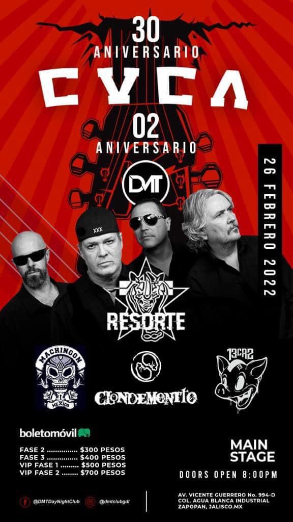 SandymoonMX's tweet photo. #cuca celebrará su 30 aniversario y el 2do aniversario del club DMT junto con agrupaciones destacadas de la escena musical mexicana como lo son: #RESORTE #MACHINGON #CLONDEMENTTO y #13CR2 el 26 de feb en las instalaciones del club en Zapopan Jalisco, 8 pm #sandymoon #rt https://t.co/RZhEPUnpNB